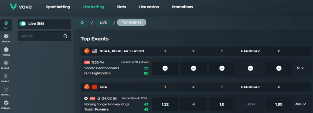 Vave Live Sports Betting